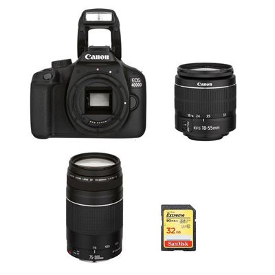 Cámara digital Réflex Canon EOS 4000D 18MP negro KIT EF-S 18-55MM F3.5-5.6 III + EF 75-300MM F4-5.6 III + SD 32GB