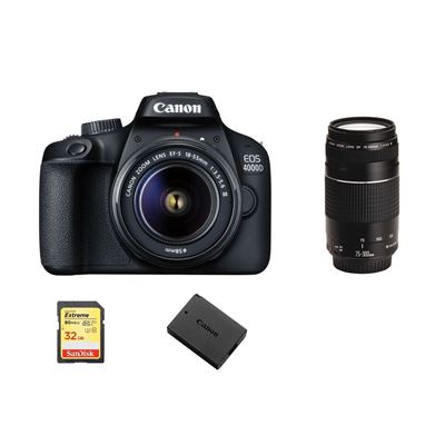 Cámara digital Réflex Canon EOS 4000D 18MP negro KIT EF-S 18-55MM F3.5-5.6 III + EF 75-300MM F4-5.6 III + SD 32GB + LP-E10
