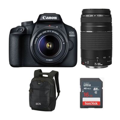 Cámara digital Réflex Canon EOS 4000D 18MP negro KIT EF-S 18-55MM F3.5-5.6 III + EF 75-300MM F4-5.6 III + Backpack Negro + SD 16GB