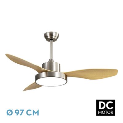 Ventilador De Techo Fabrilamp Led Hayate Regulable Con Control Remoto 24w 3cct 2650lm Ip20 Ø97cm Níquel Y Haya