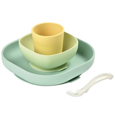 Vajilla Para Bebé Beaba Amarillo Y Verde 4 Piezas Silicona