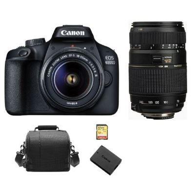 Cámara digital Réflex Canon EOS 4000D 18MP negro KIT EF-S 18-55MM F3.5-5.6 III + Tamron AF 70-300mm F4-5.6 Di LD Macro 1:2 (A17E) + SD 32GB + bolsa + LP-E10