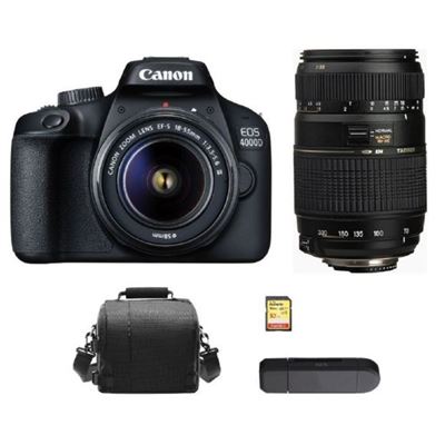 Cámara digital Réflex Canon EOS 4000D 18MP negro KIT EF-S 18-55MM F3.5-5.6 III + Tamron AF 70-300mm F4-5.6 Di LD Macro 1:2 (A17E) + SD 32GB + bolsa + Lector de tarjetas