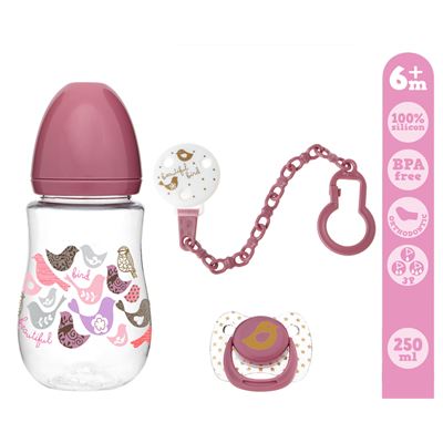 Kiokids Set Chupete y pinza rosa regalo nacido 250 ml de boca ancha con +0