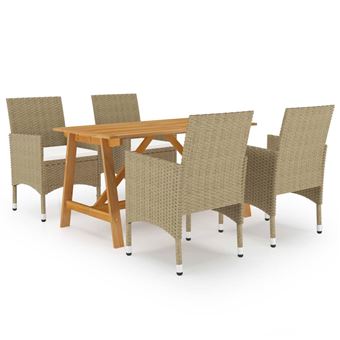 Juego de comedor para jardín de 5 piezas vidaXL 140x70x73,5cm madera de acacia 52x57x84cm ratán beige con cojines blanco crema 36,9 kg - 1