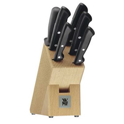 Wmf Classic Line juego de 5 cuchillos y afilador chaira con soporte madera hoja acero templado filo larga