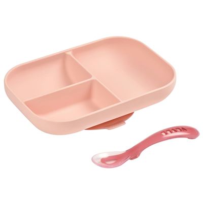 Set De Plato Para Bebés Con Compartimentos Beaba 2 Pzas Silicona Rosa