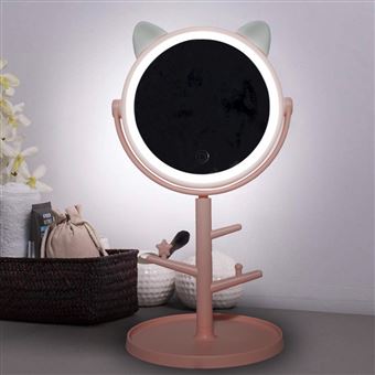 Espejo maquillaje cosmético luz LED sobremesa con soporte para joyas recargable Rosa - 1