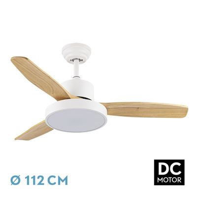 Ventilador De Techo Fabrilamp Led Kavala Regulable Con Control Remoto 48w 3cct 4078lm Ip20 Ø112cm Blanco Y Haya