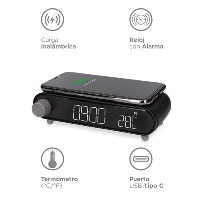 Despertador cargador inalámbrico Ksix 10W, Tecnología Qi, Fast charge, Luz  y temperatura de luz variable, USB-A, Negro