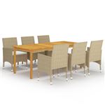 Juego de comedor para jardín de 7 piezas vidaXL 200x90x74cm madera de acacia 52x57x84cm ratán beige con cojines blanco crema 58,5 kg