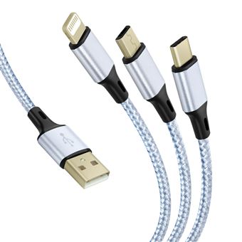 Cable USB 3 en 1 USB-C Micro-USB Lightning Carga Rápida 2M Nailon