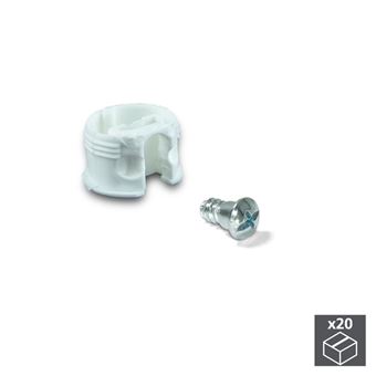 Enganche de unión Emuca para estantes, D. 20 mm, 13 mm, + Pernos D. 4,2 mm, Plástico y acero, Blanco, 20 ud.