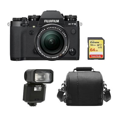 FUJIFILM X-T3 Black KIT XF 18-55mm F2.8-4R Black + 64GB SD card + camera Bag + FUJI EF-X500 Flash