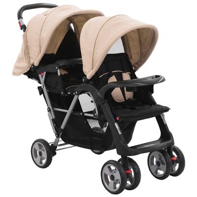 Carrito Vidaxl Para dos tandem gris taupe y negro de acero gemelos