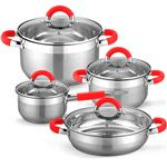 Batería de cocina 8 piezas Gridinlux Acero Inoxidable Antiadherente Asas Silicona color Rojo.