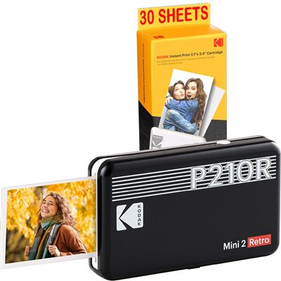 Kodak Negro Pack Impresora P210 Retro 2 + Cartucho 30 Fotos 5,3 X 8,6 Cm, Bluetooth,