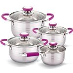 Batería de cocina 8 piezas Gridinlux. Acero Inoxidable. Antiadherente. Asas Silicona color Morado.