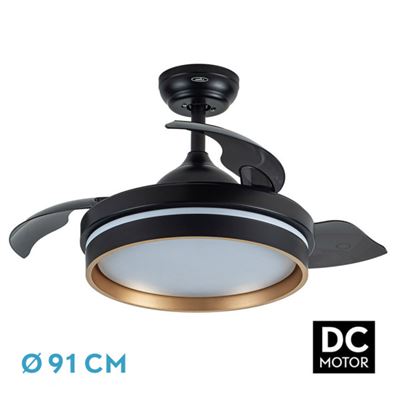 Ventilador De Techo Fabrilamp Led Nalón Regulable Con Control Remoto 48w 3cct 4800lm Ip20 Ø91cm Negro Y Oro