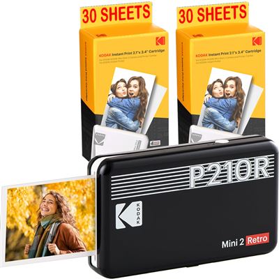 Kodak Negro Pack Impresora P210 Retro 2 + Cartucho 60 Fotos 5,3 X 8,6 Cm, Bluetooth,