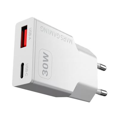 Mars Gaming Blanco Md-Gan30 Cargador Usb Gan 30W Usb-C Usb-A Carga Rápida Pd3.0 Qc3.0 Ultracompacto