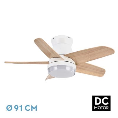 Ventilador De Techo Fabrilamp Led Neutron Regulable Con Control Remoto 24w 3cct 2400lm Ip20 Ø91cm Blanco Y Haya