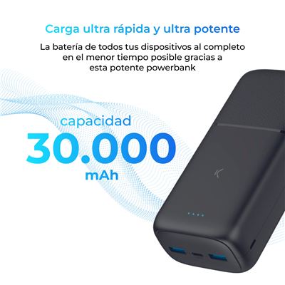 Powerbank Ksix Supra 30.000 mAh, 20 W, Power Delivery, Cable USB-A