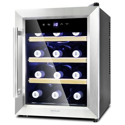 Vinoteca Cecotec de 12 Botellas Capacidad de 33L. Diseño Puerta de Cristal con Marco de Acero Inoxidable y estantes en Madera