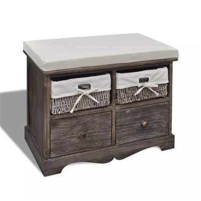 Vidaxl Marrón Banco De Almacenamiento De Madera 2 Cestas Tejidas Cojín