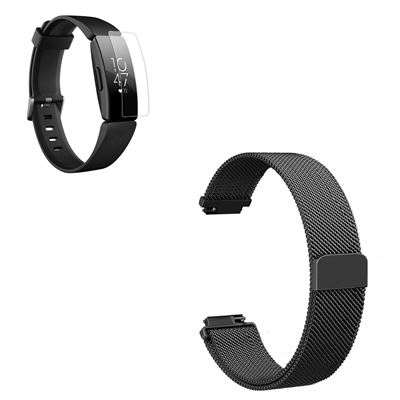 Kit Pulsera Milanese Loop Cierre Magnético + Película Protectora Pantalla Gel Full Cover Fitbit Inspire Negro