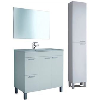 Pack Completo de Baño: mueble lavabo de PMMA + Espejo + Grifería + columna de baño, Blanco Brillo