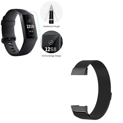 Kit Pulsera Milanese Loop Cierre Magnético + Película Protectora Pantalla Gel Full Cover Fitbit Charge 3 Negro