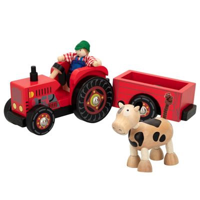 Tractor de madera con remolque, granjero y vaca - Woomax