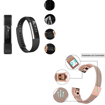 Kit Pulsera Milanese Loop Cierre Magnético + Película Protectora Pantalla Gel Full Cover Fitbit Alta Rosa