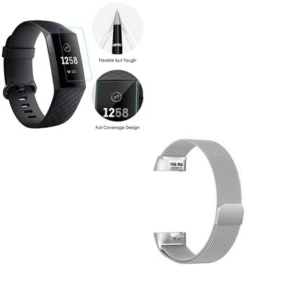 Kit Pulsera Milanese Loop Cierre Magnético + Película Protectora Pantalla Gel Full Cover Fitbit Charge 3 Cinza