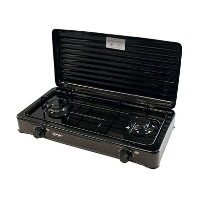 Cocina De Gas Portátil Camping, 2 Quemadores, Rejilla Esmaltada, Tapa Protectora,normativa G30-37 Mbar Mpm Kn-02/1kb Negro