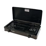 Cocina de Gas Portátil Camping, 2 Quemadores, Rejilla Esmaltada, Tapa Protectora,Normativa G30-37 mbar MPM KN-02/1KB Negro