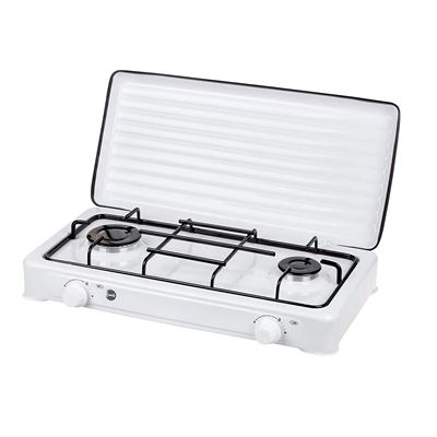 Cocina Gas Portátil Camping, 2 Quemadores,rejilla Esmaltada,tapa Protectora,normativa G30-37 Mbar Mpm Sml-kn-02/1k Blanco