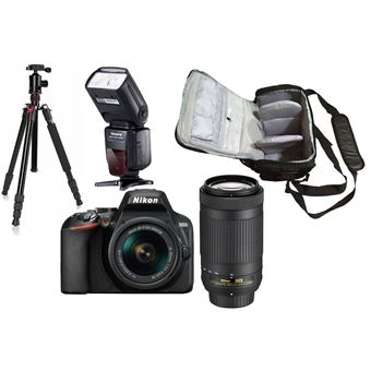 Nikon D3500 + AF-P DX 18-55mm f/3.5-5.6G VR + AF-P DX 70-300mm f/4.5-6.3G ED VR + KamKorda Bolso + Trípode + Speedlite Flash