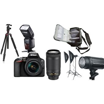 Nikon D3500 + AF-P DX 18-55mm f/3.5-5.6G VR + AF-P DX 70-300mm f/4.5-6.3G ED VR + KamKorda Bolso + Trípode + Speedlite Flash + Kit de iluminación de estudio