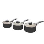 Batería de cocina Swan SWPS3020BN Retro 3 Cazos 16-18-20cm con tapa vidrio, Aluminio prensado 3mm, Diseño Vintage Negro