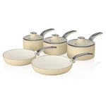 Batería de cocina Swan SWPS5020CN Retro 5 piezas, 2 sartenes + 3 cazos Aluminio prensado 3mm, Diseño Vintage Crema