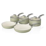 Batería de cocina Swan SWPS5020GN Retro 5 piezas, 2 sartenes + 3 cazos Aluminio prensado 3mm, Diseño Vintage Verde