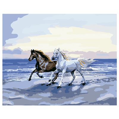 Lienzo Dibujo Dam Pintar Números, 40x50cm. Diseño Caballos. Incluye Pinceles Pinturas . Azul Petróleo
