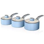 Bateria Cocina Retro SWAN SWPS3020BLN 3 Cazos 16-18-20cm tapas Vidrio inducción antiadherente Cerámica Vintage Azul