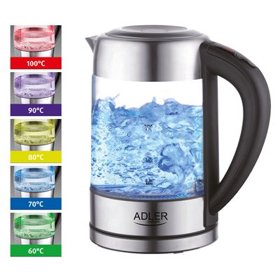 Hervidor De Agua Cristal, Capacidad 1,7l, Regulador Temperatura,resistencia Oculta, Apagado Auto Adler Ad 1247 2200w Transparente