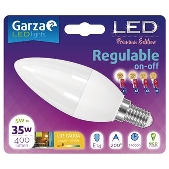 Bombilla Led vela regulable en intensidad on/off luz cálida 5W, E14, 110º, 400 lumenes (equivale a 35W)