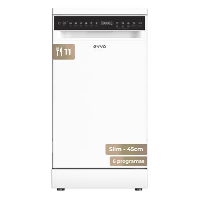 EVVO Lavavajillas Slim D3Y 45cm Libre Instalación 11 Cubiertos, 6 Programas, Panel Táctil, Blanco