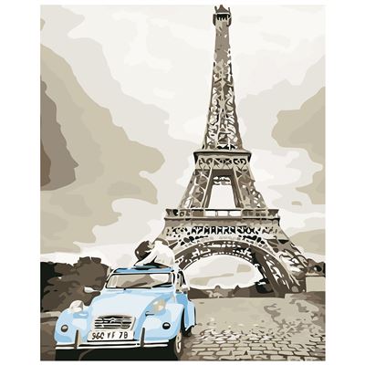Lienzo Con Dibujo Dam Pintar Números,40x50cm. Diseño Torre Eiffel 2cv. Pinceles Y Pinturas . Beige Oscuro