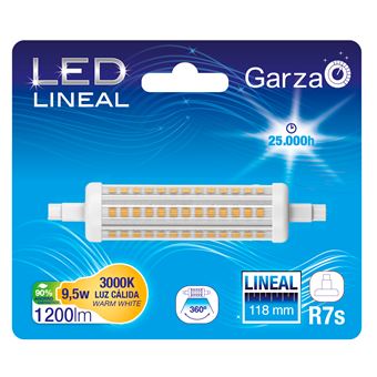 Bombilla lineal LED con casquillo R7S de 118mm, 9,5W 1200 lumenes, 360°, luz cálida